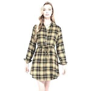 NOSTALGIA Plaid Flannel Cinch Waist Shirt Dress LS Tan\Black M